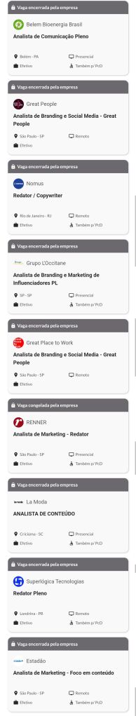 Print da Gupy mostrando diversas vagas canceladas na plataforma